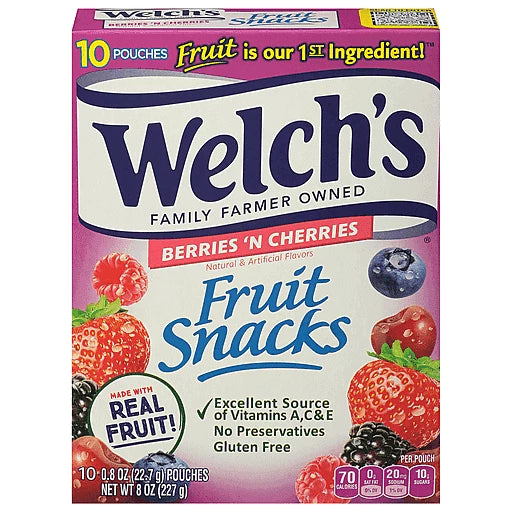 WELCHS FRUIT SNACKS BERRIES & CHERRIES - BOX OF 10