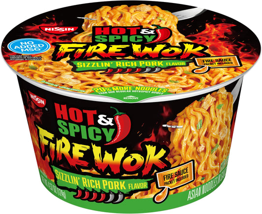 NISSIN - BOWL NOODLES - HOT & SPICY - FIRE WOK - PORK - 3.32oz